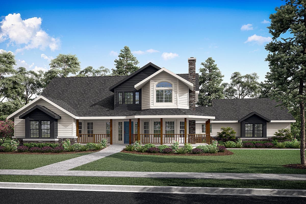 House plan exterior: Two-story Modern Farmhouse with wraparound porch, gables, dormers, and stone chimney.