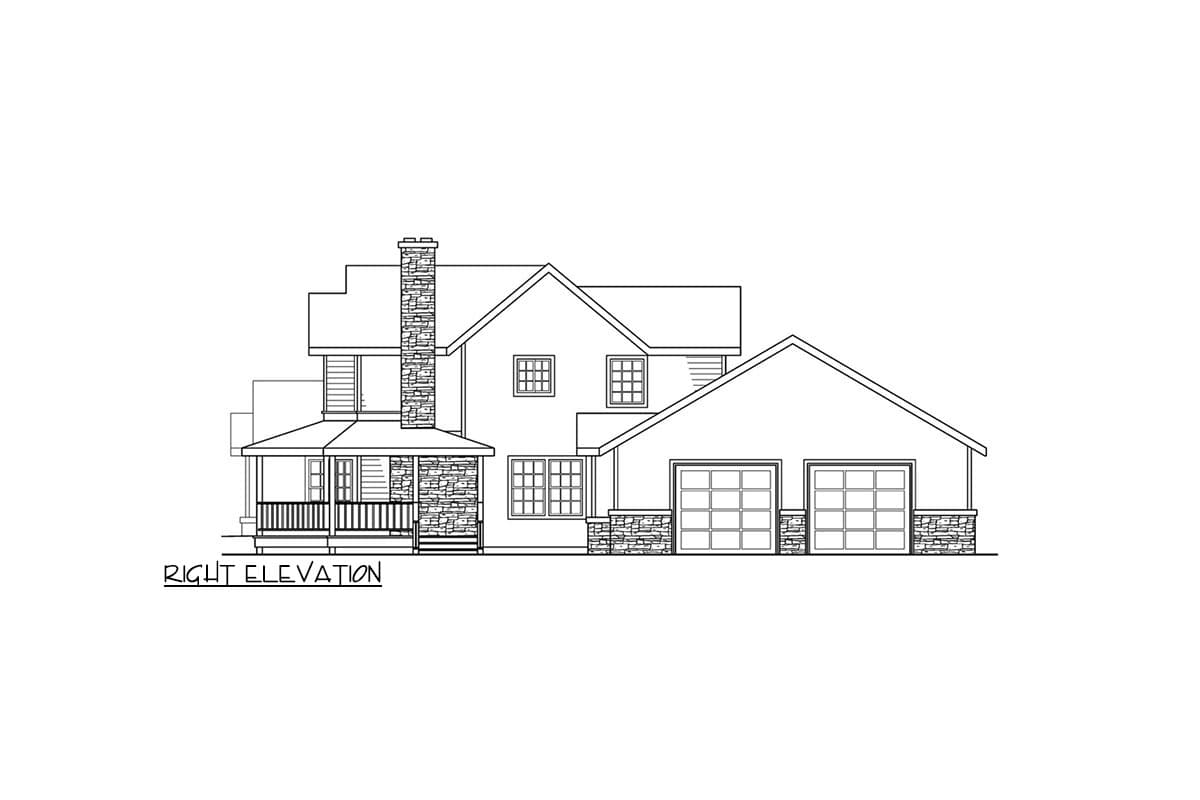 Right elevation drawing of a two-story house plan with a covered porch, stone chimney, and a three-car garage.