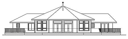 House plan exterior drawing showing a single-story home with a hip roof, central gable, and wraparound deck.
