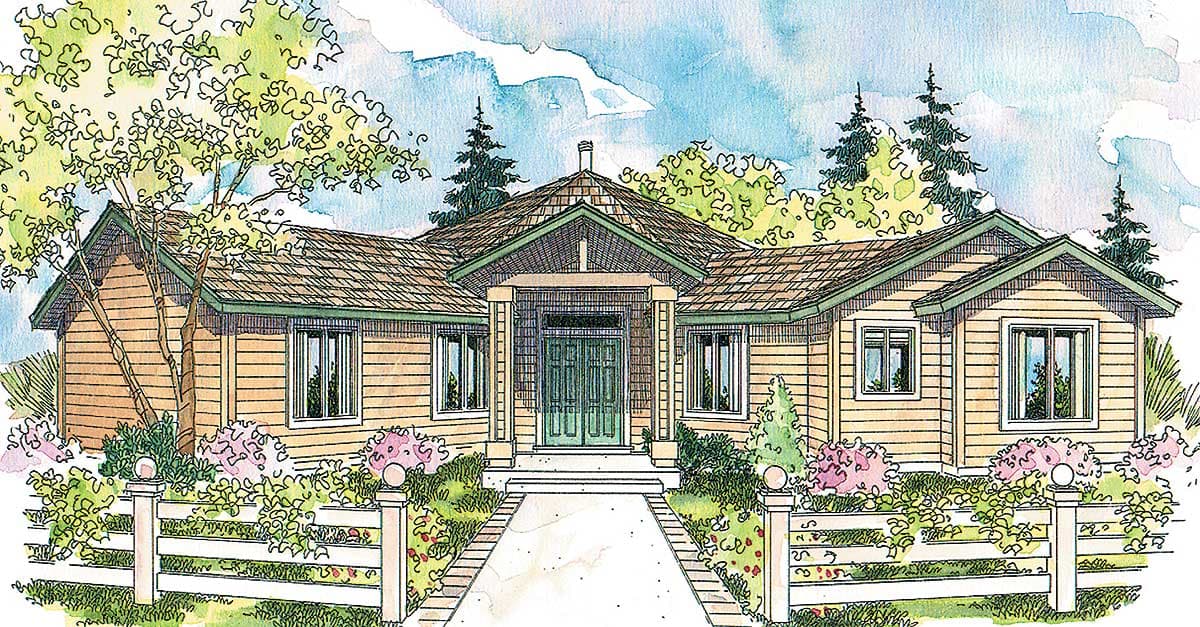 House plan exterior: Single-story home with horizontal siding, prominent gabled entrance, and varied rooflines.