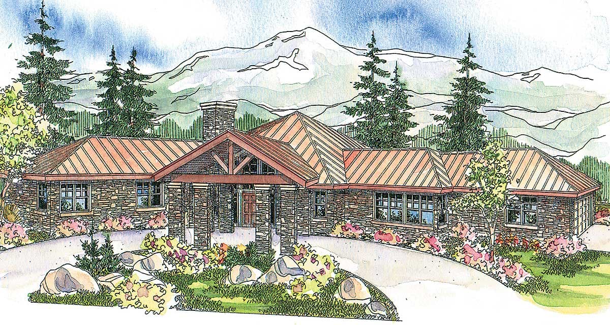 House plan exterior of a one-story home with stone facade, metal roof, prominent entryway with exposed beams, and stone chimney.