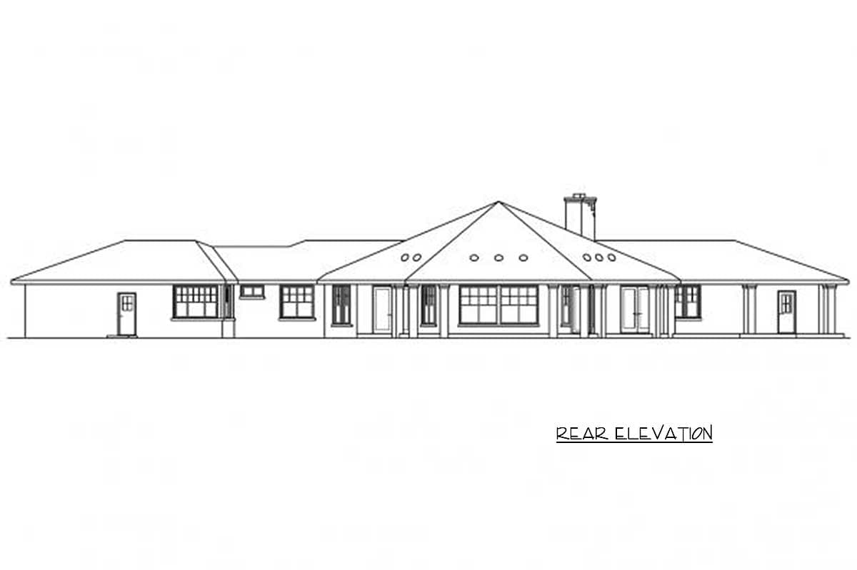 Rear elevation drawing of a one-story house plan with a prominent hipped roof, multiple windows, and a central covered entry.