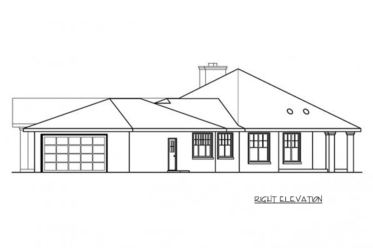 Right elevation of a house plan showing a side-entry garage, hip roof, dormers, and a covered porch with columns.