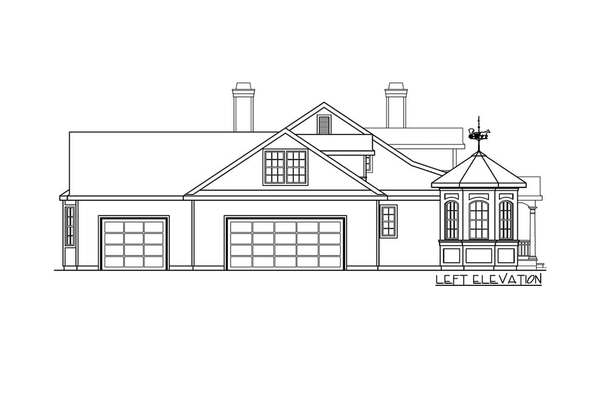 Left elevation of house plan showing a three-car garage, dormer window, and bay window with a weathervane.