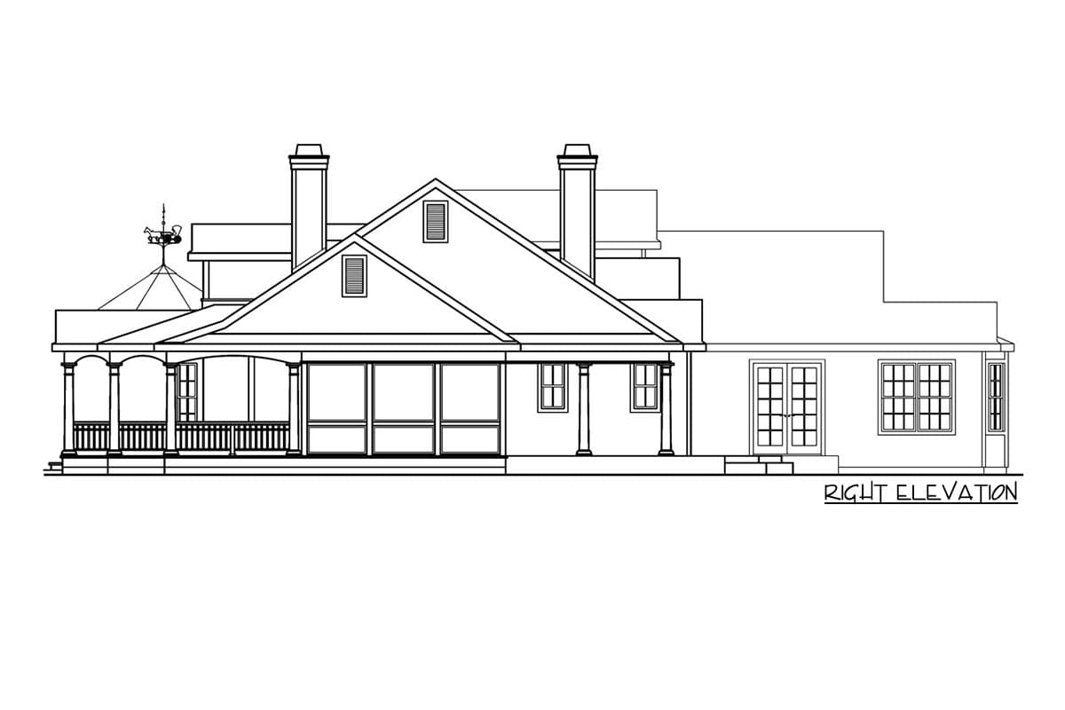 Right elevation house plan. Features a large covered porch, screened porch, multiple gables, and two chimneys.