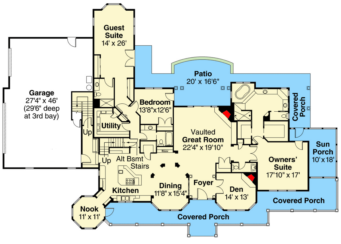 Plan 72496DA: Rambling American Country-Style House Plan with 4 Bedrooms - Floor Plan - Main Level - Country, Farmhouse, Modern Farmhouse, Ranch, Traditional