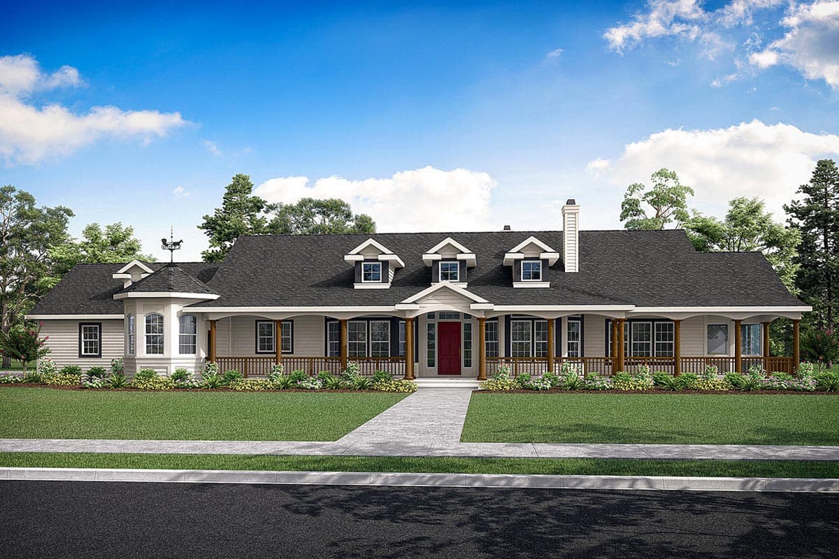 Ranch house plan exterior with wide porch, dormers, bay window, and prominent gables.