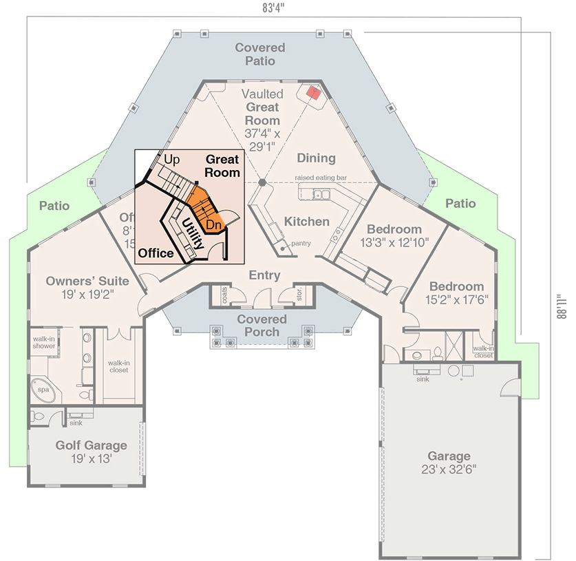 Plan 72497DA: Elegant Contemporary Southern House Plan with Two-Story Great Room and Golf Garage - Floor Plan - Basement Stairs Location - Contemporary, Southern