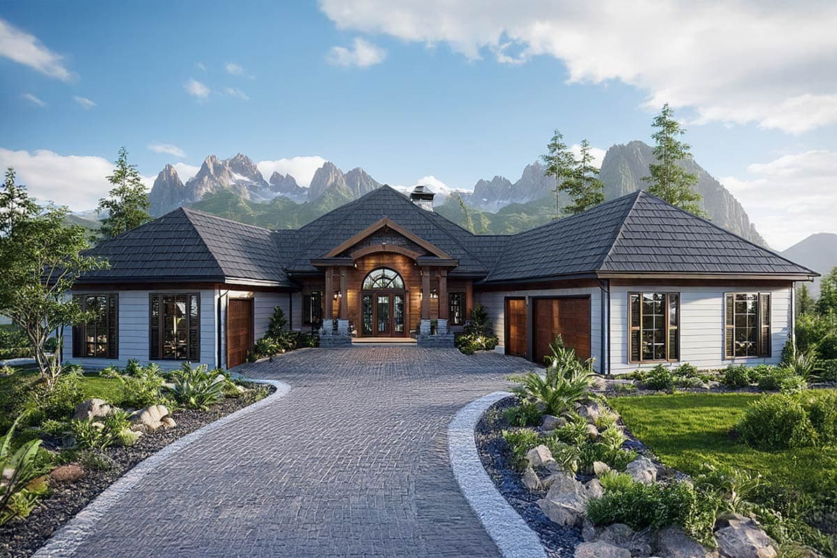House plan exterior: Single-story Modern Rustic home with a prominent covered entry, symmetrical garages, and varied rooflines.