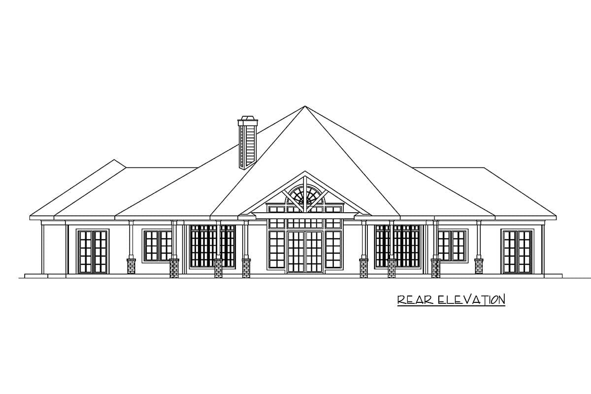 Rear elevation of a one-story house plan with a prominent gable, covered porch, and multiple windows.