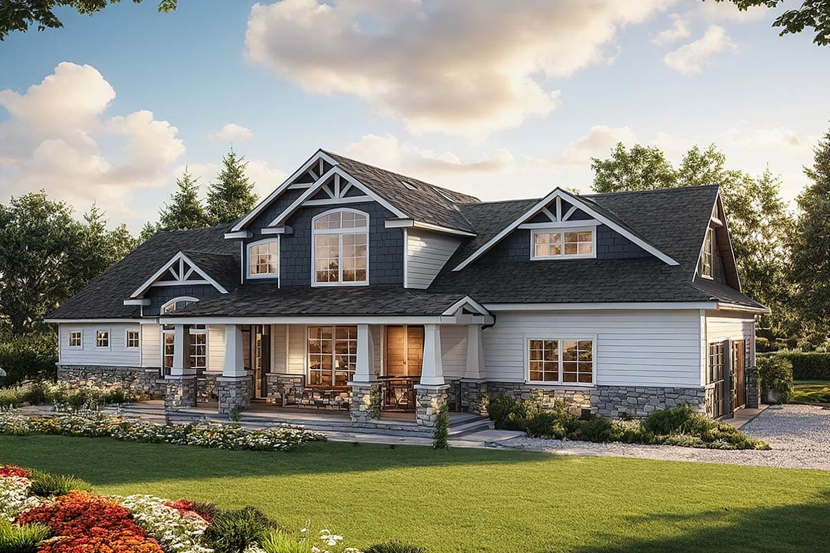 House plan exterior: Modern Farmhouse style, two stories, wide covered porch, gables with decorative trusses, stone and siding.