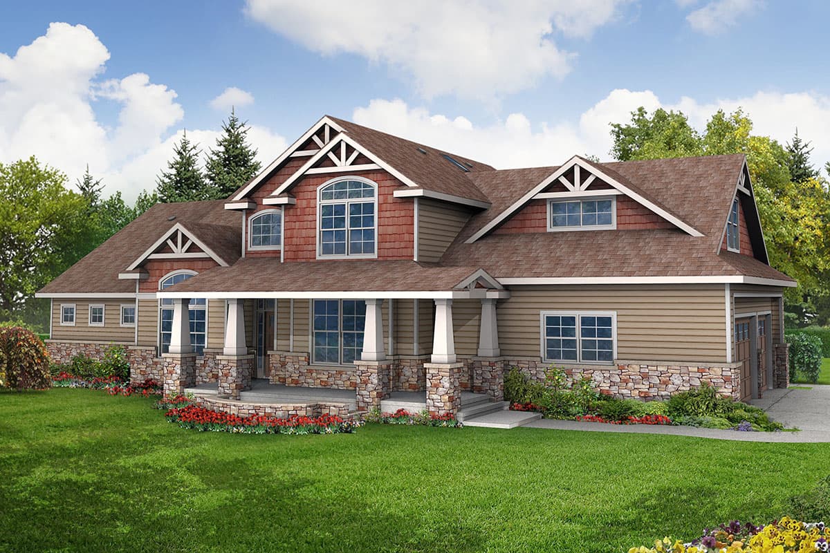 Craftsman house plan exterior with a wrap-around porch, stone foundation, multiple gables, and a three-car garage.