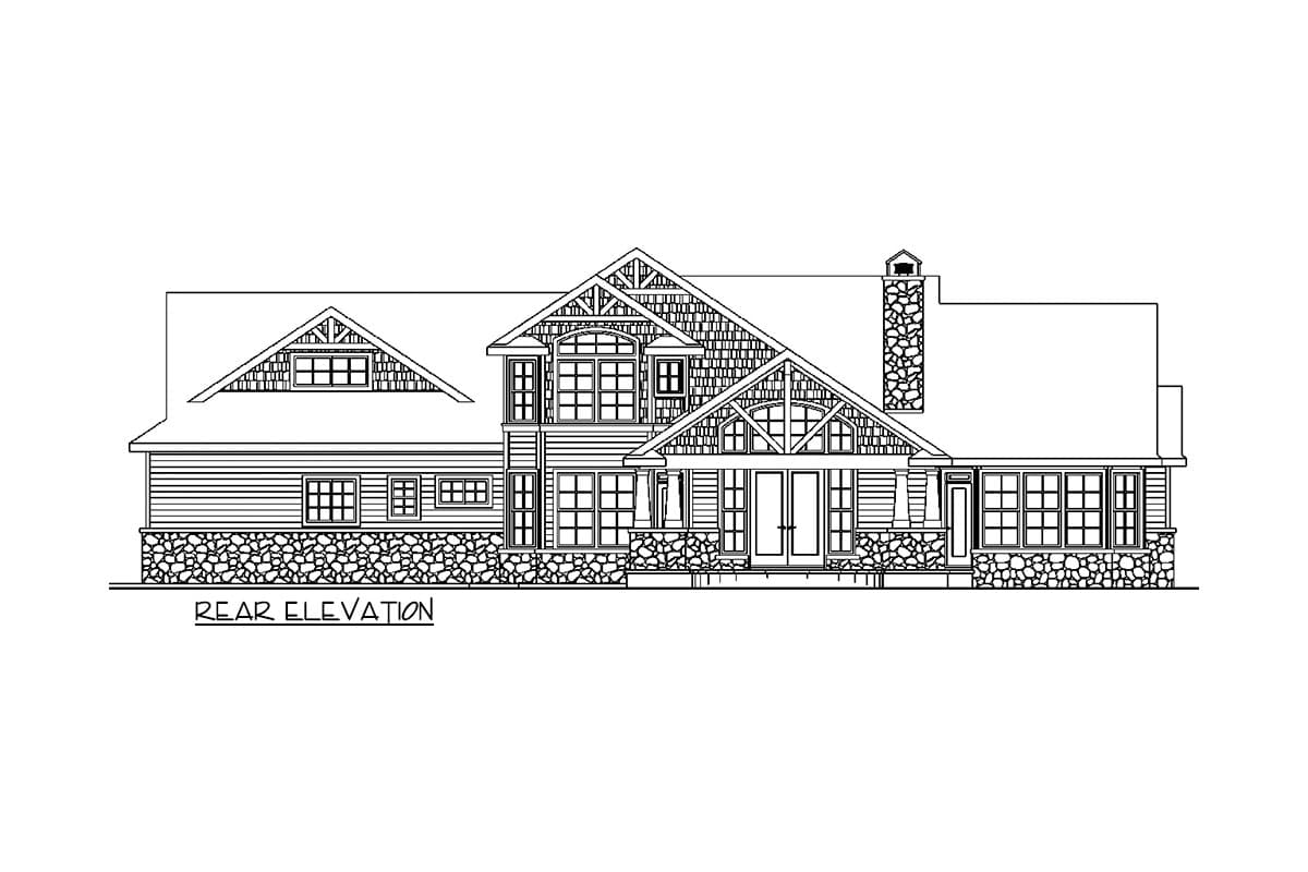Rear elevation drawing of a two-story house plan with stone base, multiple gables, and stone chimney.
