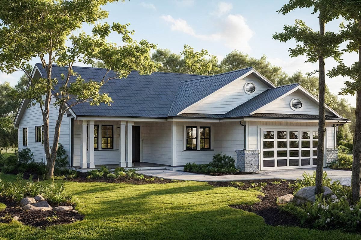 House plan exterior: One-story Modern Farmhouse with covered porch, gables, dormers, and a multi-pane garage door.