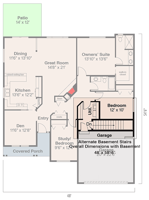 Plan 72513DA: Country Ranch House Plan with Flexible Spaces - Floor Plan - Main Level - Basement Stairs Location - Country, Ranch, Traditional