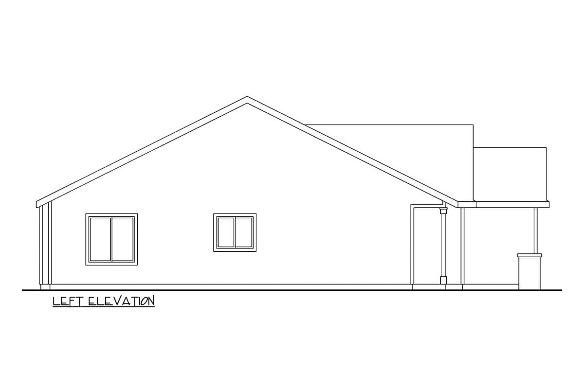 Left elevation drawing of a house with a prominent gable roof, two windows, and a covered porch.