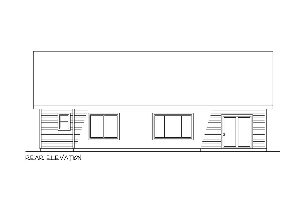 Rear elevation drawing of a house plan showing siding, three windows, and double doors.