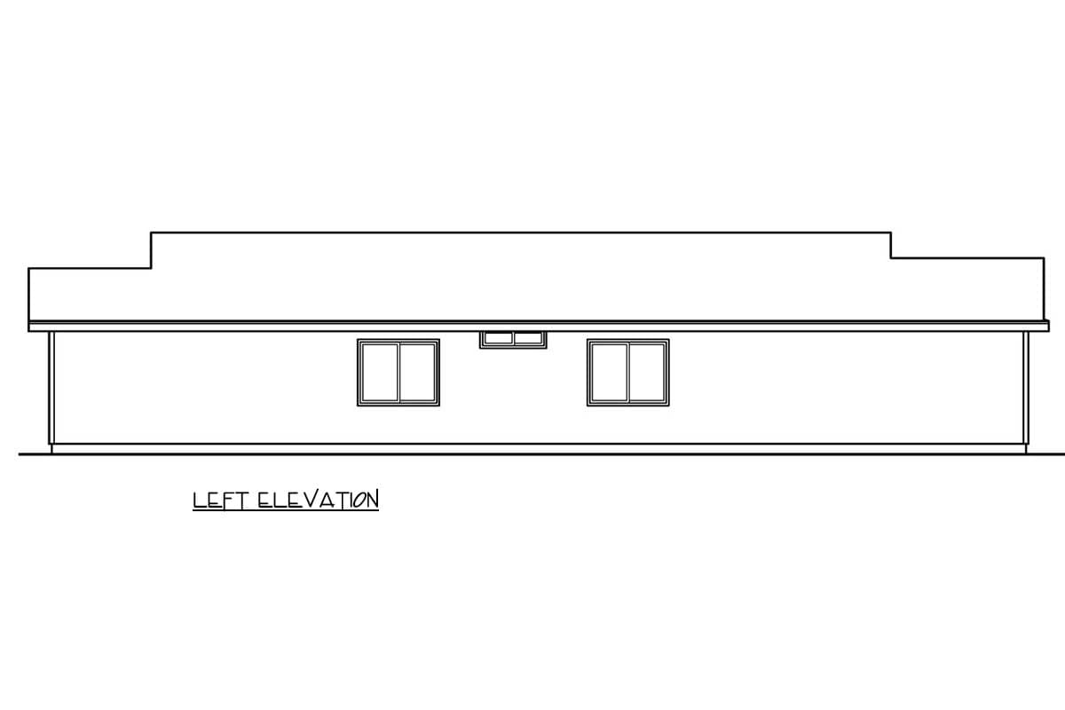 House plan exterior drawing: single-story home with a covered porch, front door, and a two-pane window.