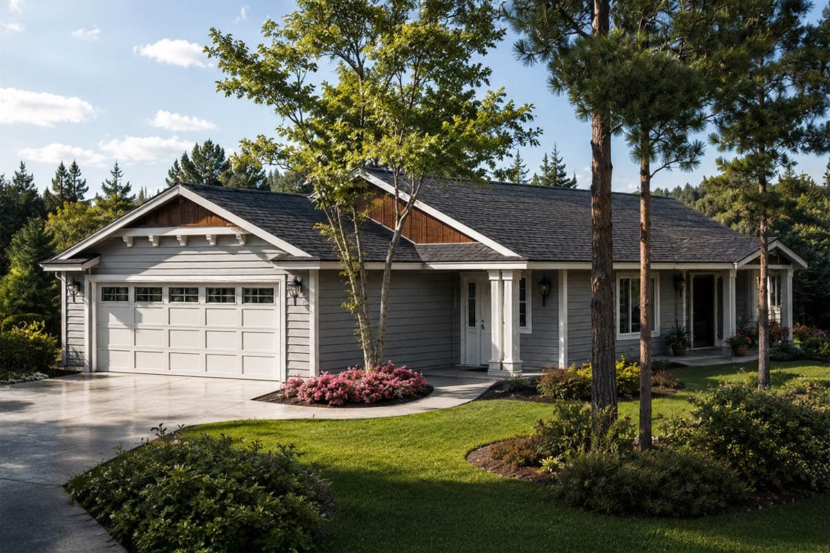 House plan exterior: Ranch style, one story, with a two-car garage, gable end detailing, and a covered entry.