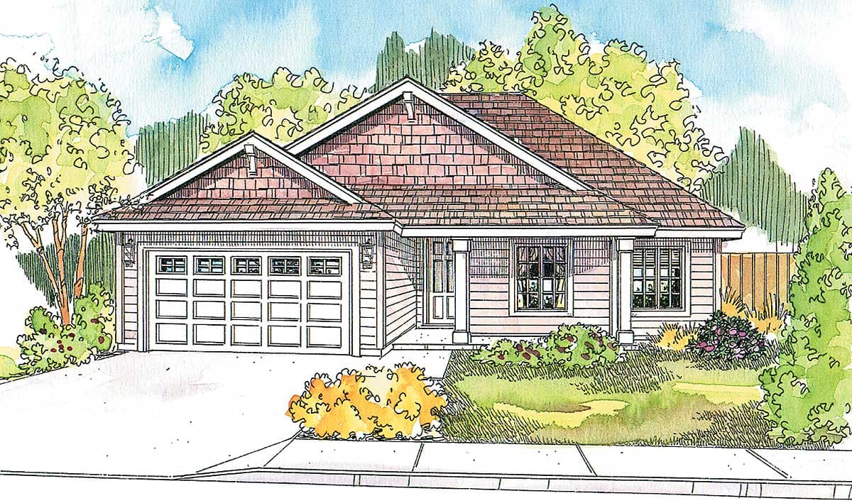 House plan exterior: single-story Modern Farmhouse with attached garage, gabled roof, and covered entry.