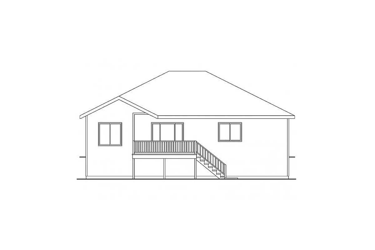 House plan exterior drawing of a one-story home with a hip roof, deck with stairs, and three windows.