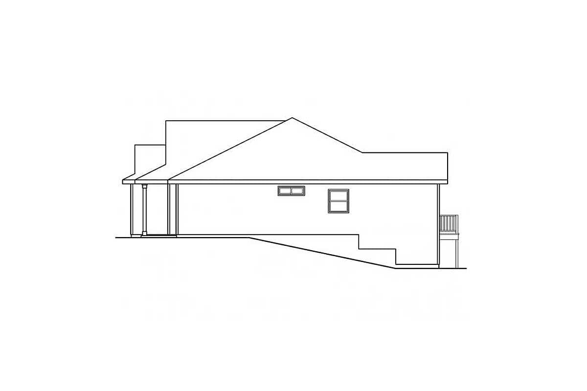 House plan exterior elevation showing a single-story home with a covered porch and deck.