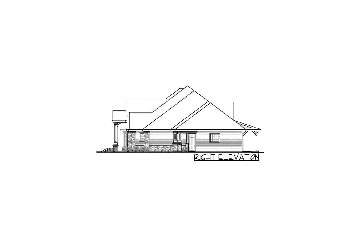 House plan right elevation drawing featuring a covered porch with columns, stone foundation, and gabled rooflines.