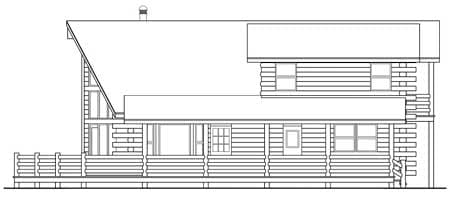 Log home house plan exterior showing a wrap-around porch, multiple gables, and a two-story section with dormers.