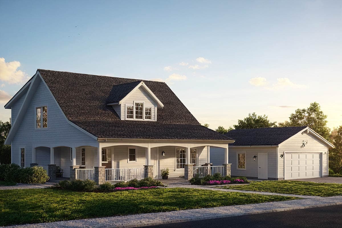 House plan exterior: Two-story home with wrap-around porch, gables, dormer window, and detached two-car garage.