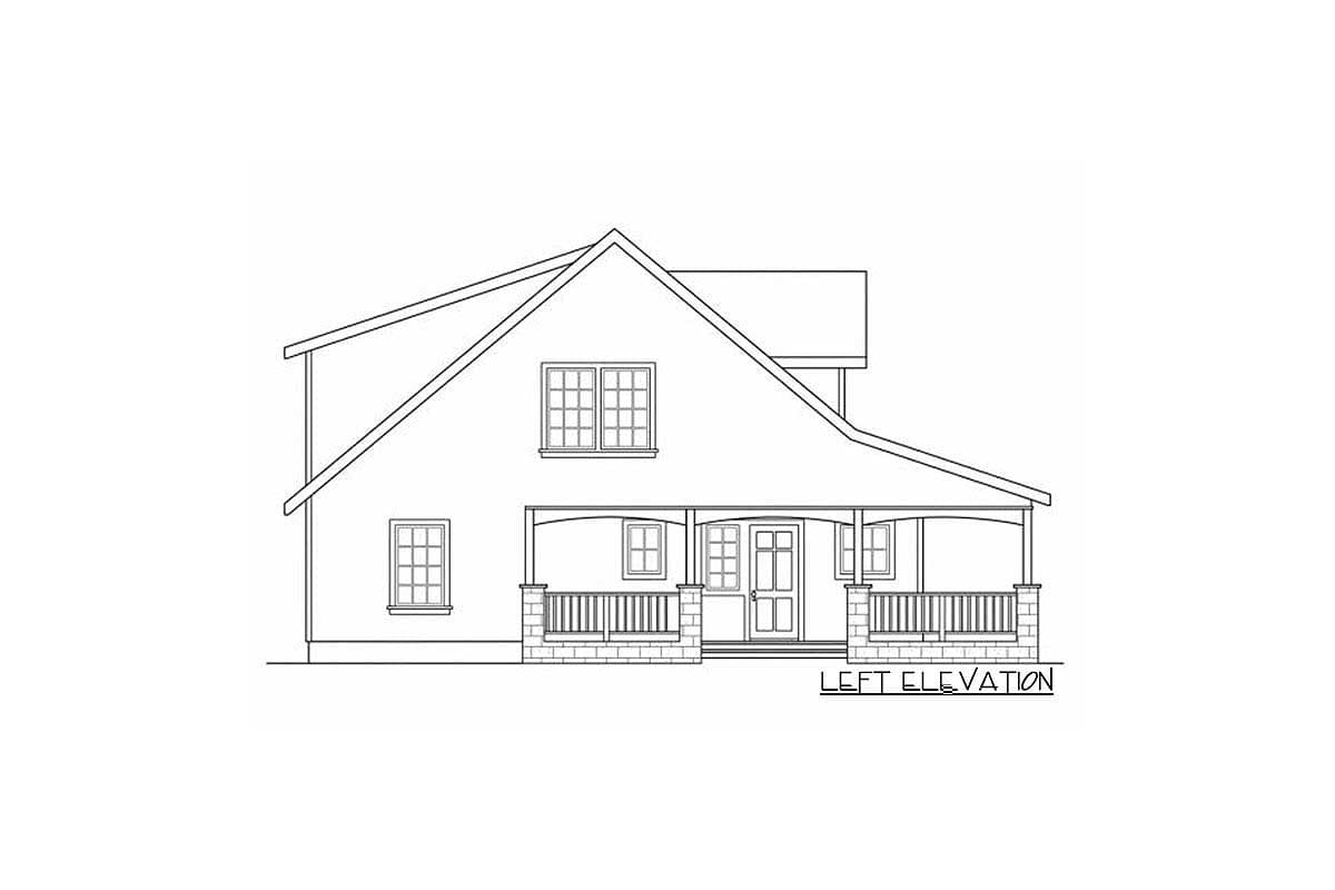 Left elevation drawing of a two-story house with a large front porch, double front doors, and multi-pane windows.