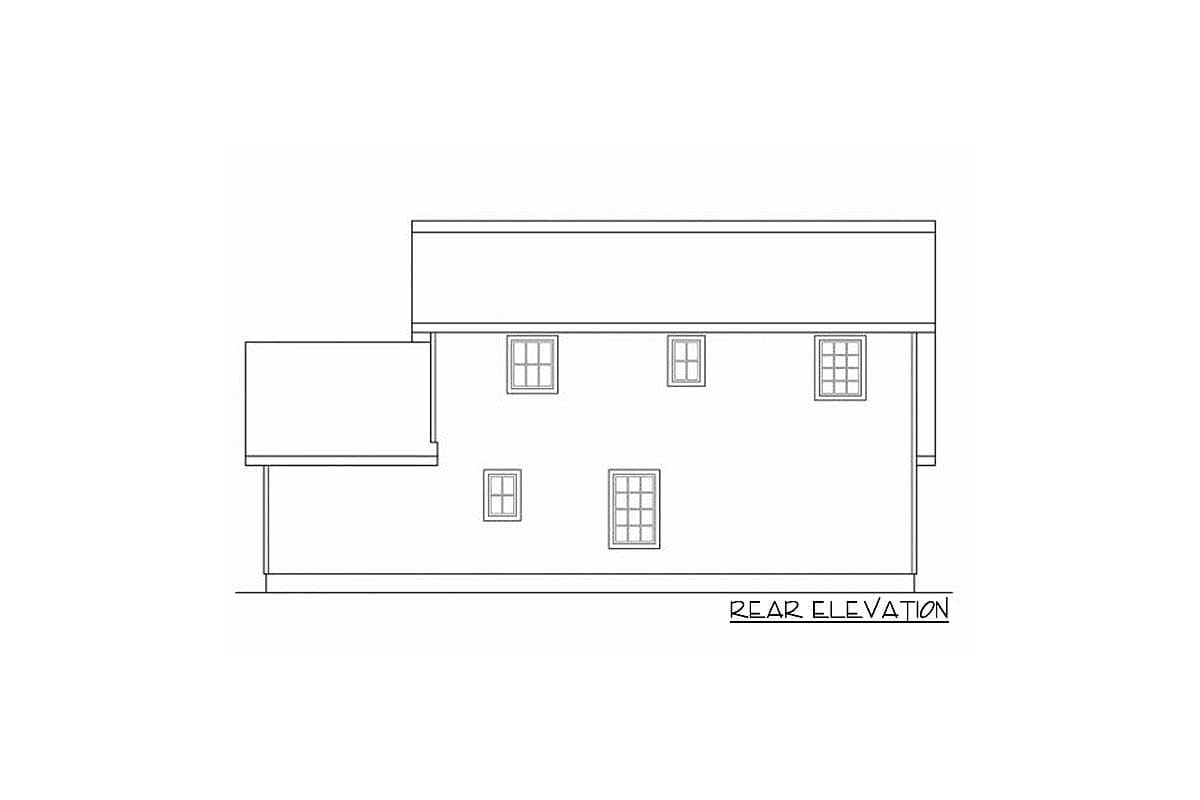 Rear elevation drawing of a house plan showing six windows and a porch roof.