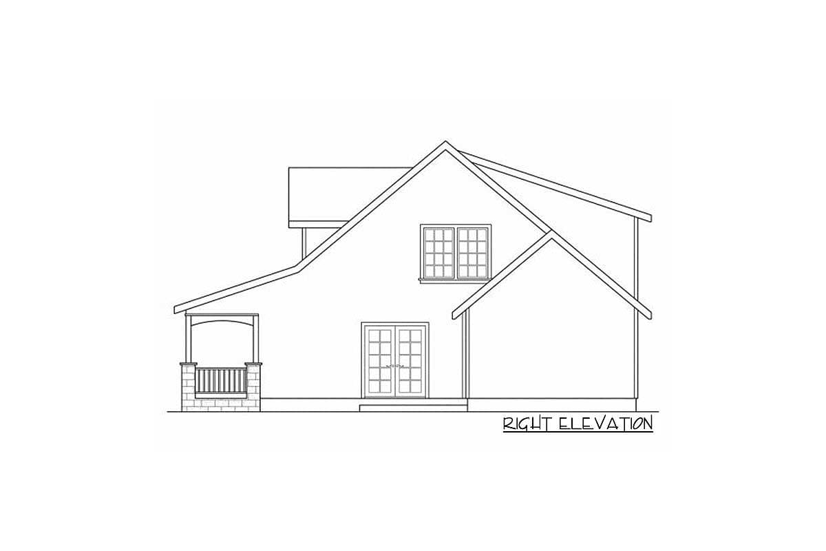 Right elevation drawing of a house plan, showing a covered porch, double doors, and a dormer window.