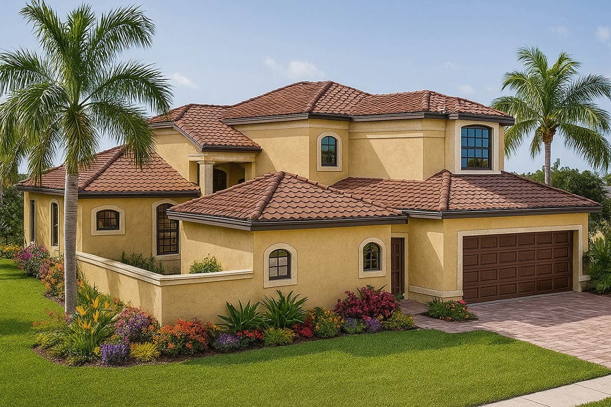 Two-story Mediterranean house plan exterior with a tiled roof, arched windows, covered entryway, and attached garage.