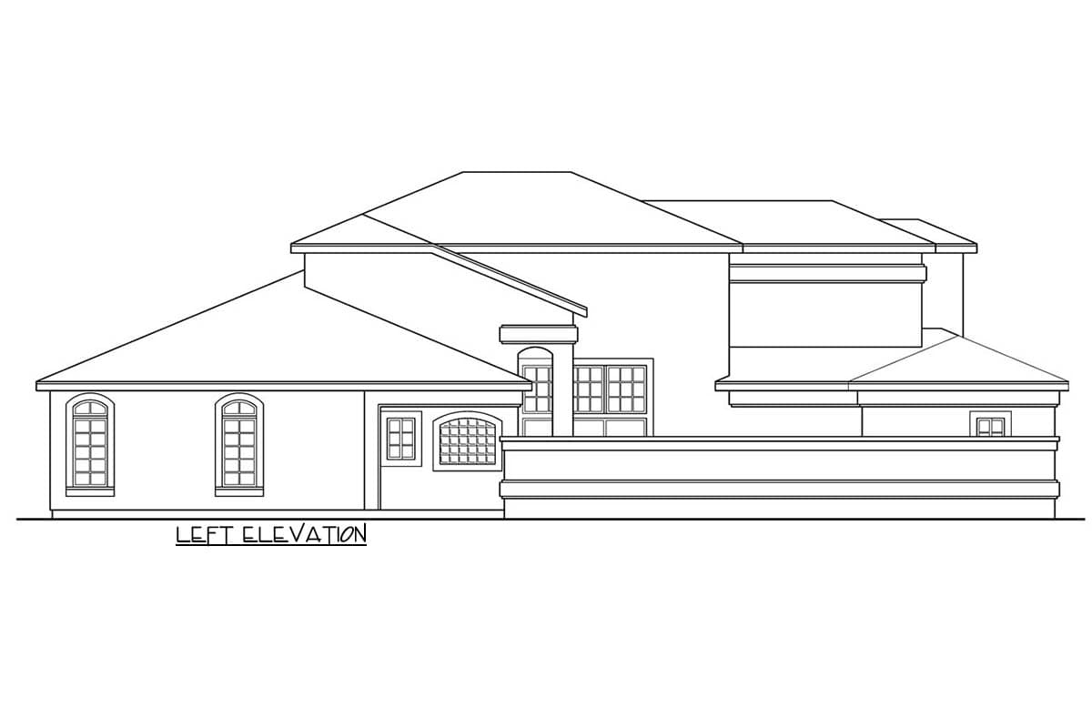 Left elevation drawing of house plan with arched and multi-pane windows, pitched roofs, and varying rooflines.