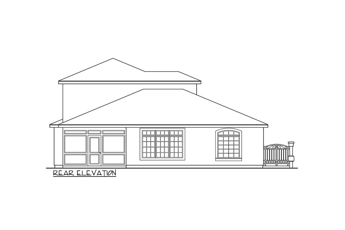 Rear elevation drawing of a two-story house with a prominent gable roof, multiple windows, and a decorative gate.