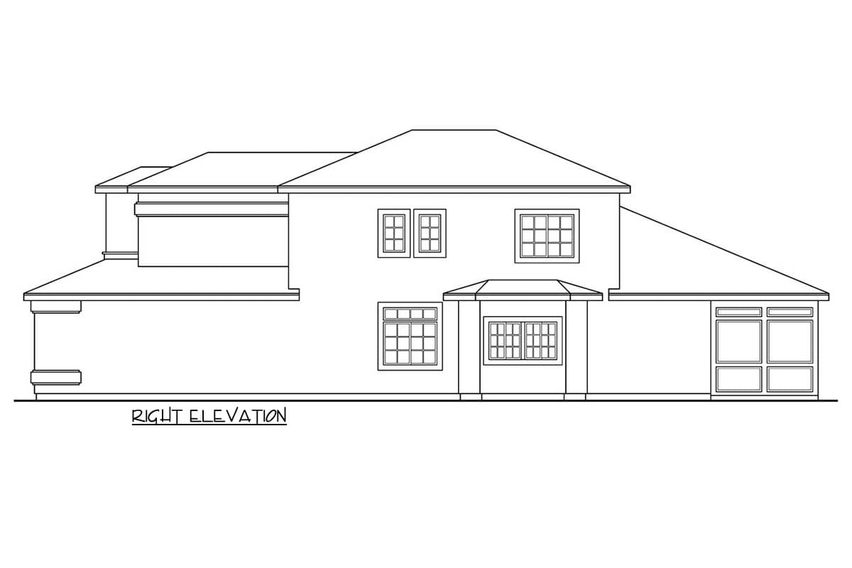 Right elevation drawing of a two-story house with multiple rooflines, a bay window, and a sunroom.
