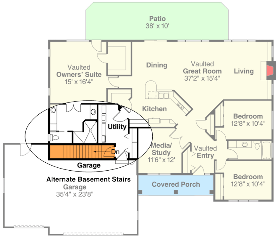 Plan 72538DA: Traditional House Plan with Split-Bedroom Layout and Media or Study  - Floor Plan - Main Level - Basement Stairs - Southern, Traditional