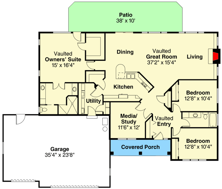 Plan 72538DA: Traditional House Plan with Split-Bedroom Layout and Media or Study  - Floor Plan - Main Level - Southern, Traditional