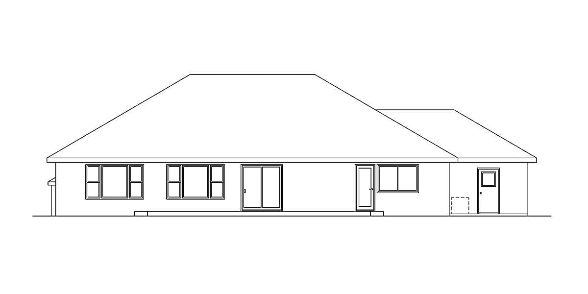 House plan exterior elevation featuring a low-pitched hip roof, multiple windows, a sliding glass door, and a single door.