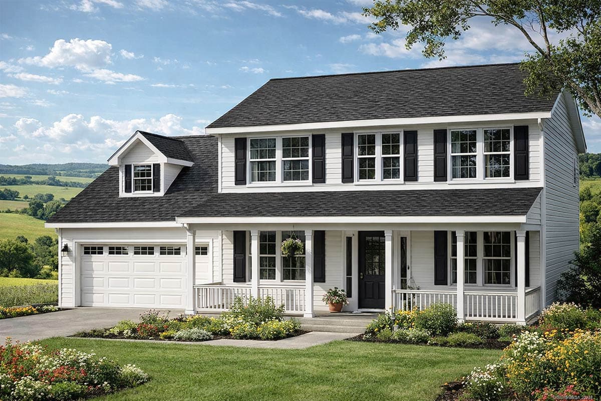 Two-story Modern Farmhouse plan with a prominent front porch, a dormer window, and an attached two-car garage.