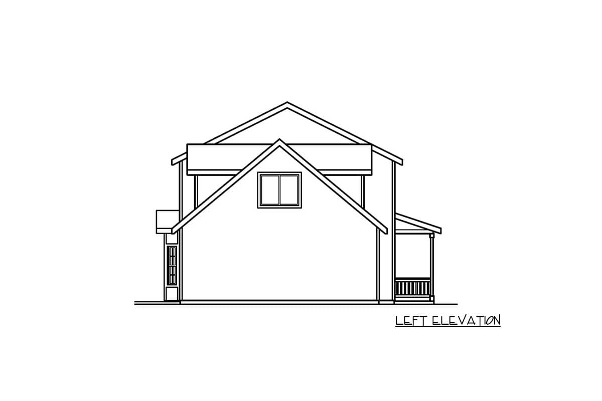 Left elevation drawing of a two-story house plan with a gable roof, dormer window, and covered porch.