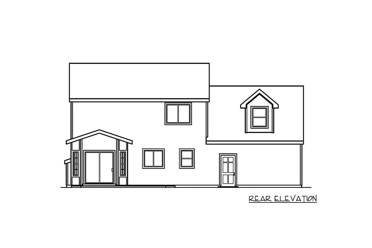 Rear elevation drawing of a two-story house with a covered entry, dormer, and multiple windows.