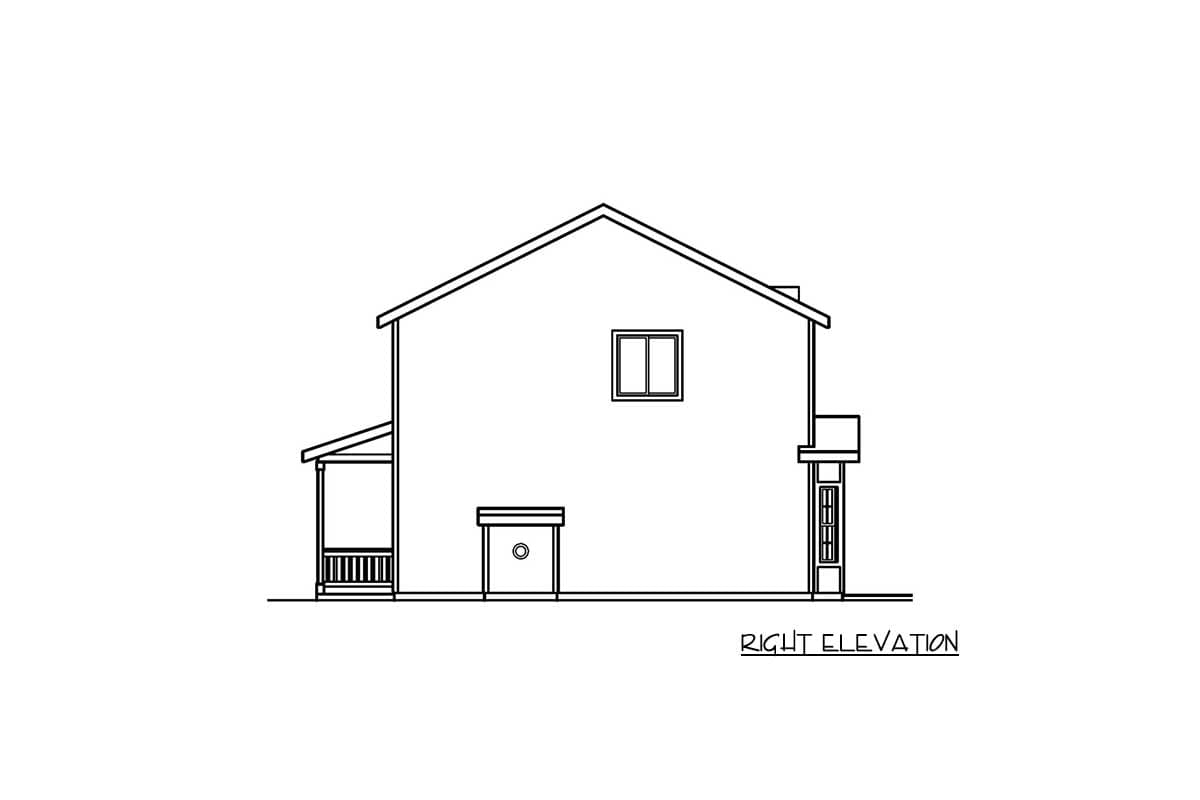 Right elevation drawing of a two-story house plan with a covered porch, gable roof, and a small balcony.