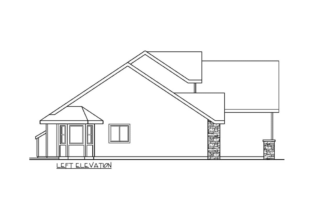 Left elevation house plan drawing with a prominent gabled dormer, bay window, and stone-clad porch supports.
