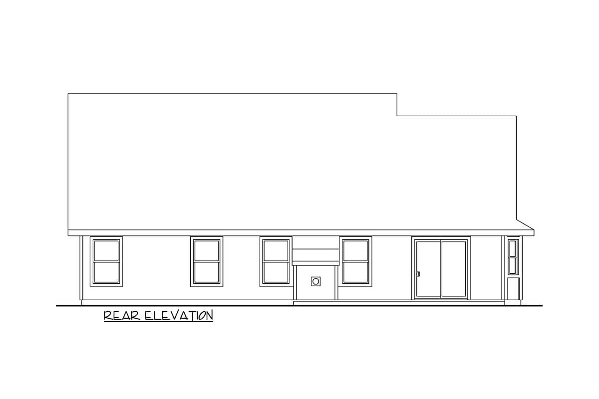 Rear elevation drawing of a house plan showing windows, a sliding glass door, and a step.