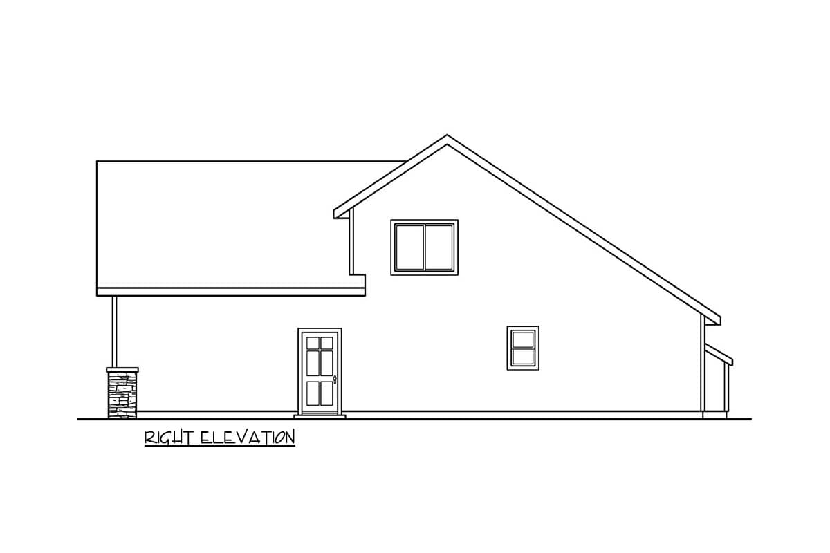 House plan right elevation drawing featuring a gabled roof, one door, and two windows.