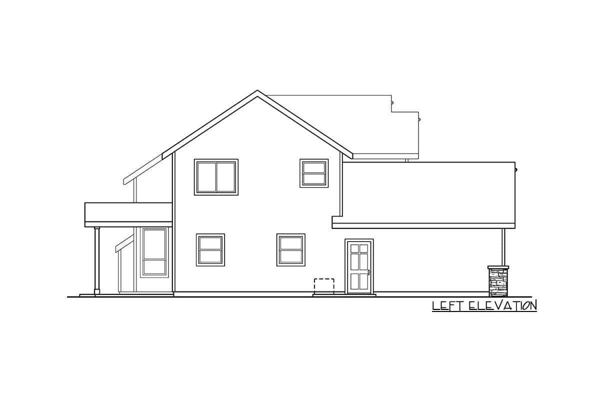 Left elevation house plan showing a two-story structure with a gable roof, covered porch, and multiple windows.