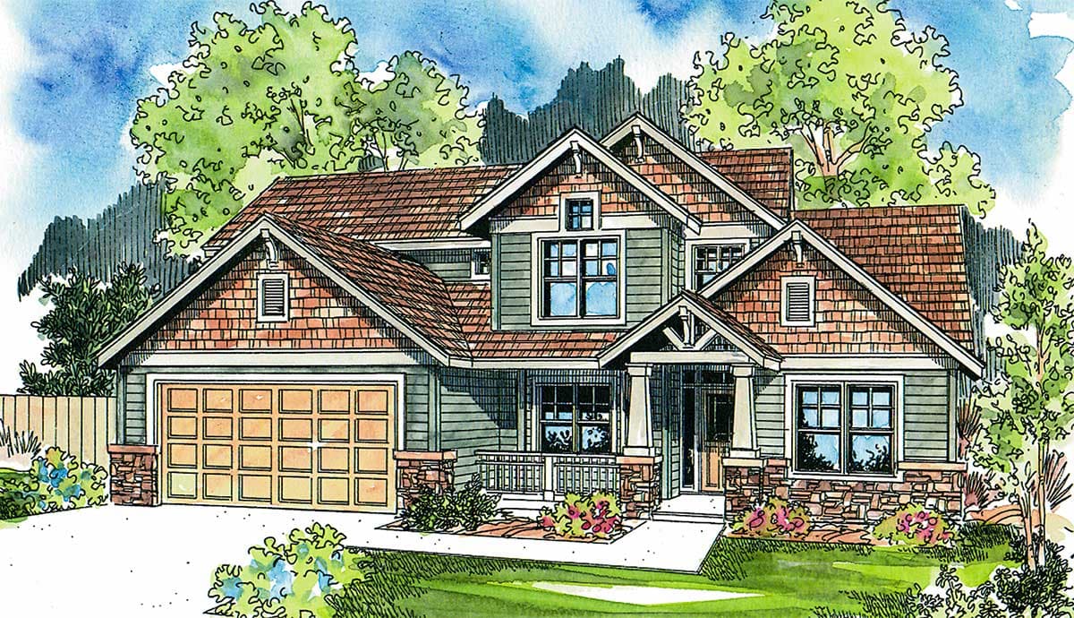 House plan exterior: Craftsman style, two stories, with a covered front porch, hip roof, dormers, and a side-facing garage.