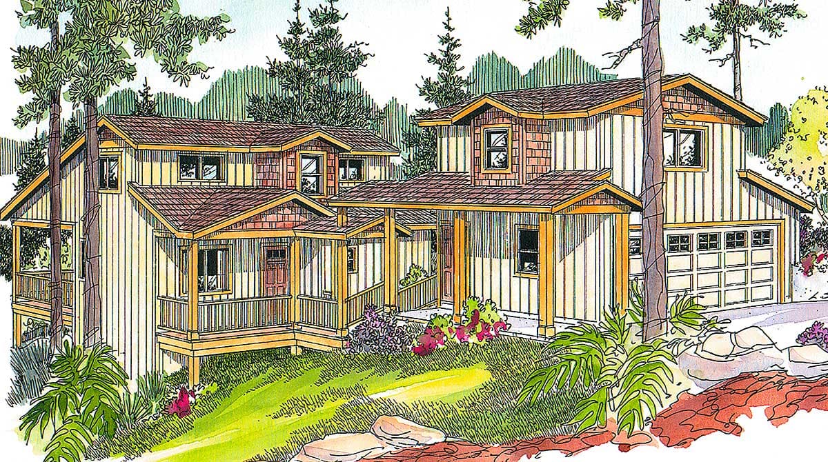 House plan exterior showing a two-story home with vertical siding, multiple gables, covered porches, dormers, and an attached garage.