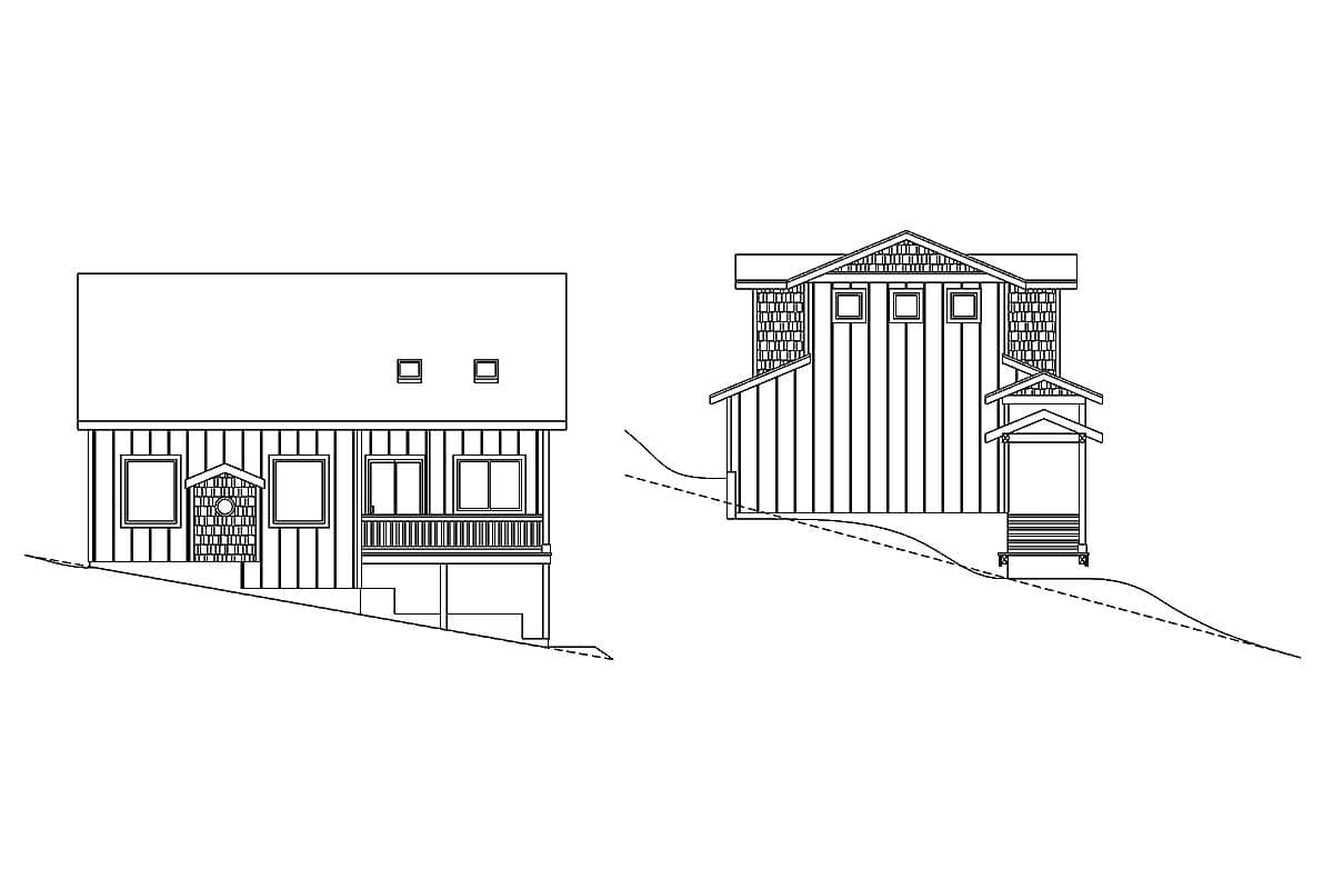 House plan exterior with a front-facing elevation showing a covered porch and gabled dormers, and a side elevation with a sheltered entrance.